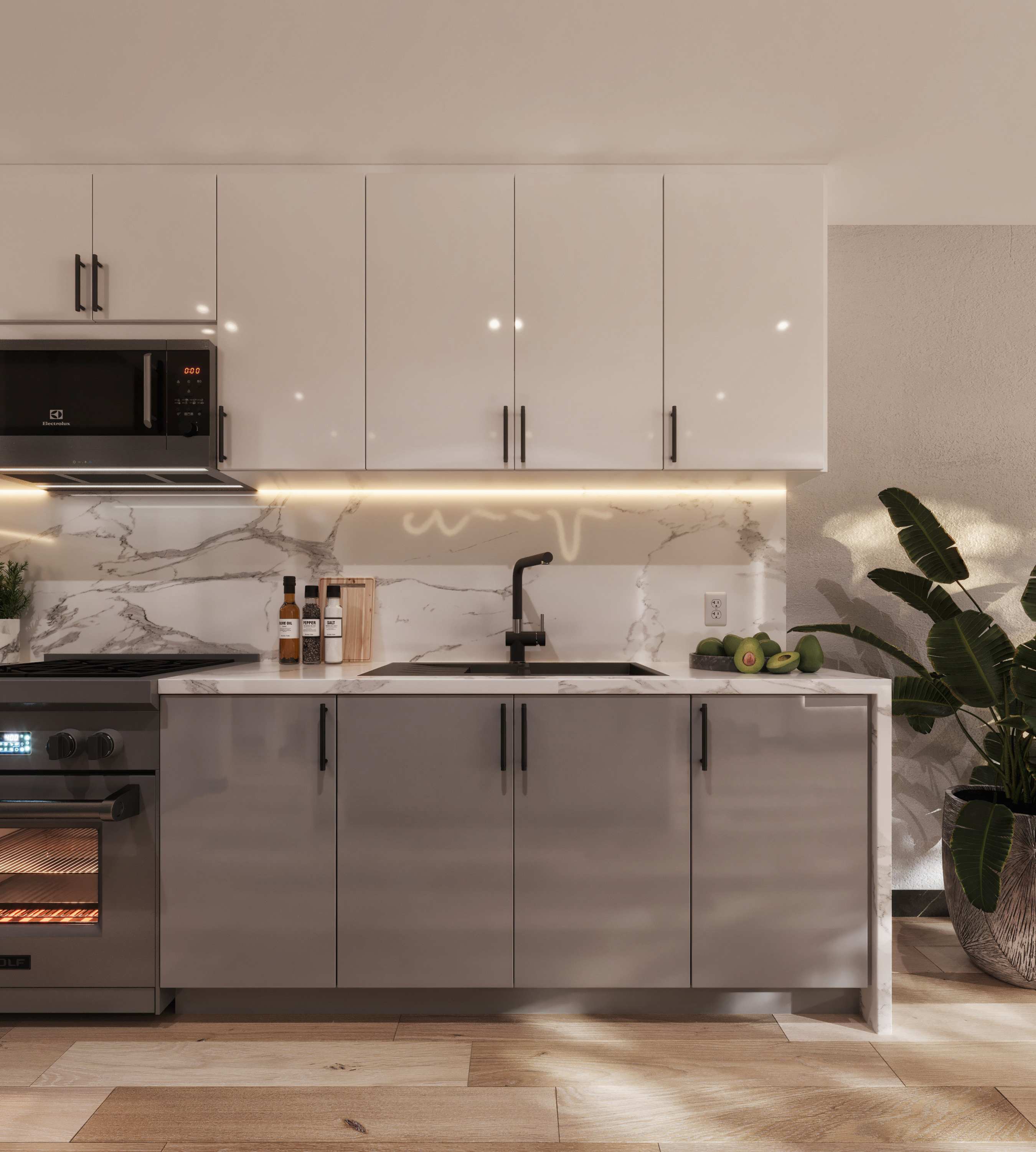 High Gloss White and wood Frameless European kitchen
